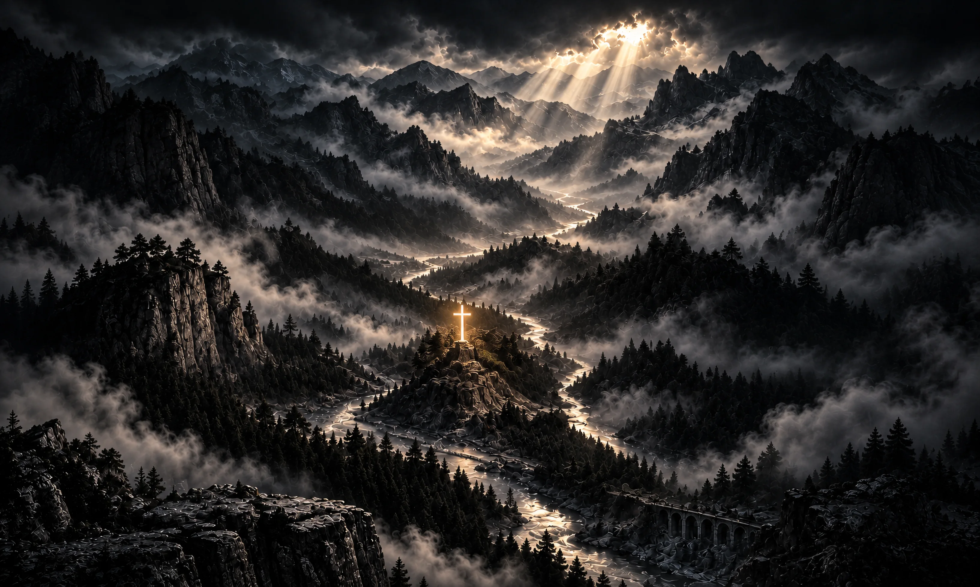 Dramatische neblige Berglandschaft mit einem goldenen Kreuz im Zentrum und Lichtstrahlen über dem Tal.